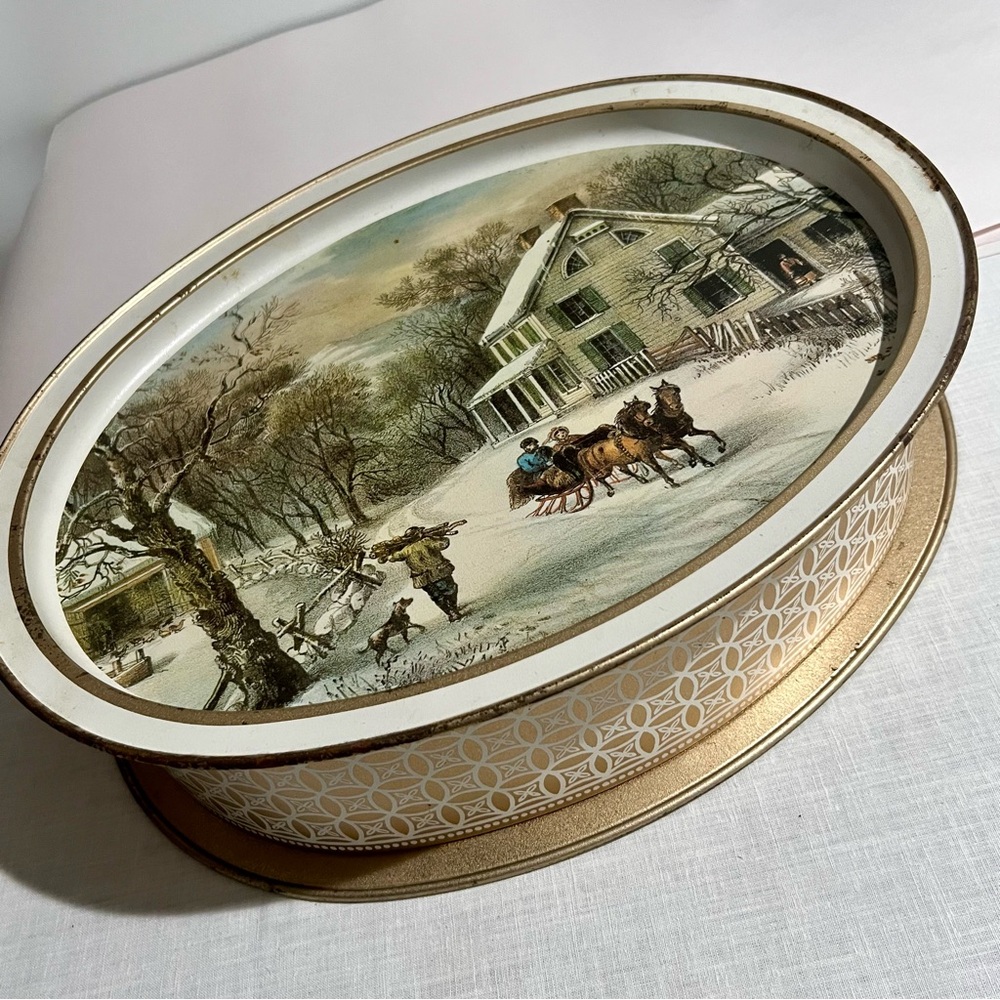 Vintage Currier and Ives Oval Tin with Winter and Summer Scene
